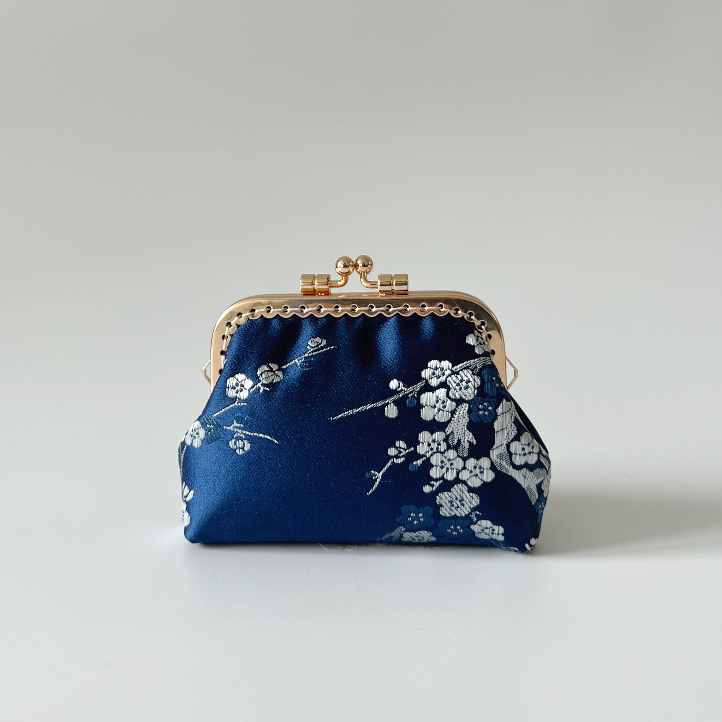 Blue Cherry Blossoms Satin - Handmade Fabric Kiss Lock Coin Purse