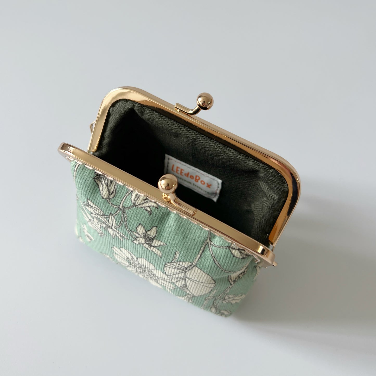 Mint Green Floral Corduroy - Handsewn Kiss Lock Fabric Card Purse