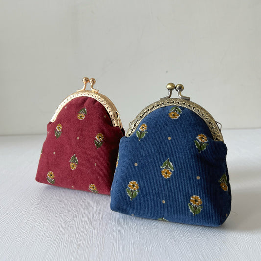 Red or Blue Floral Corduroy Half Round Kiss Lock Purse - Handmade Fabric Purse