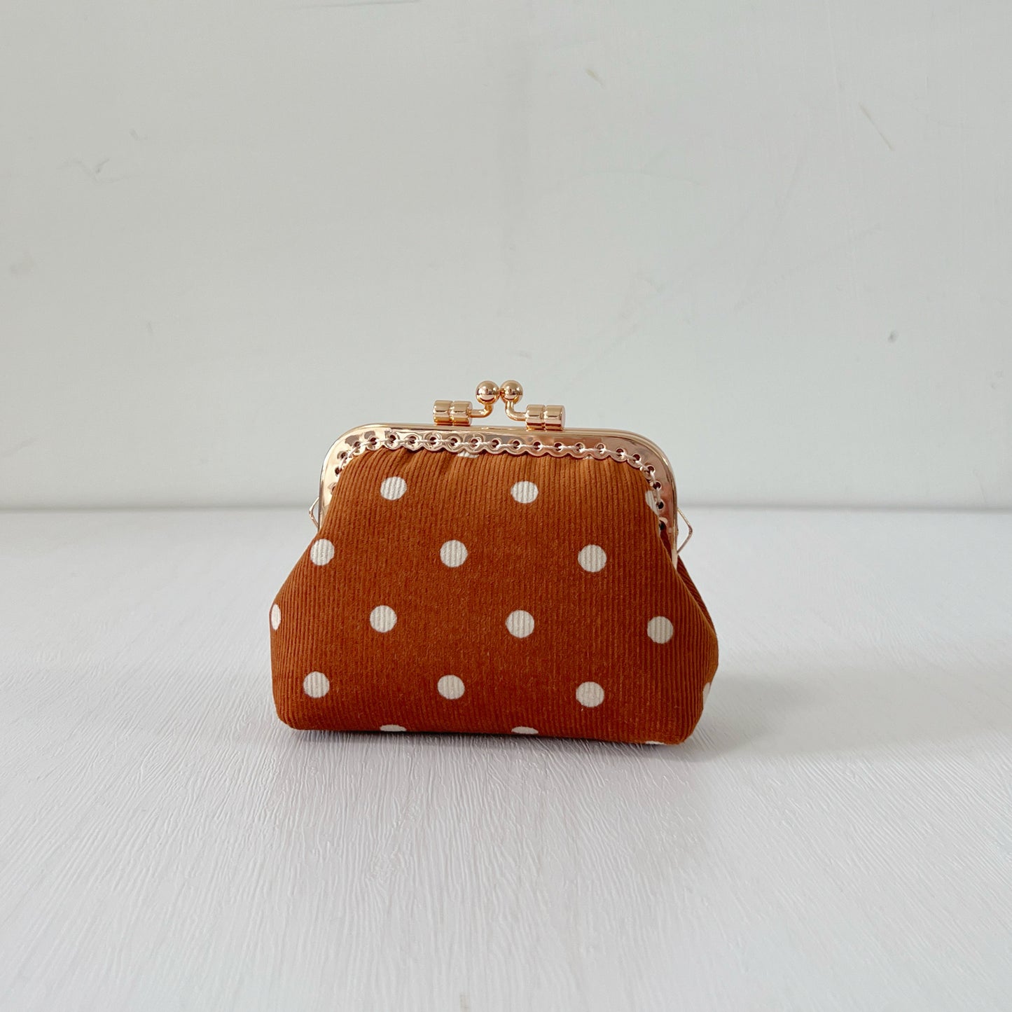 Orange Polka Dots Corduroy Fabric Purse - Handsewn Kiss Lock Purse