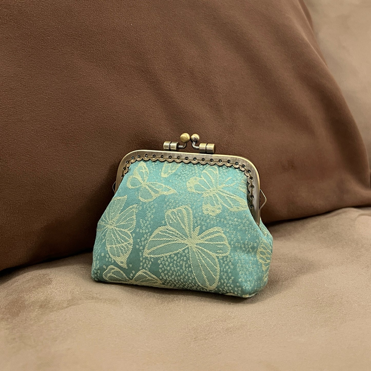 Green Butterflies - Handmade Fabric Kiss Lock Coin Purse