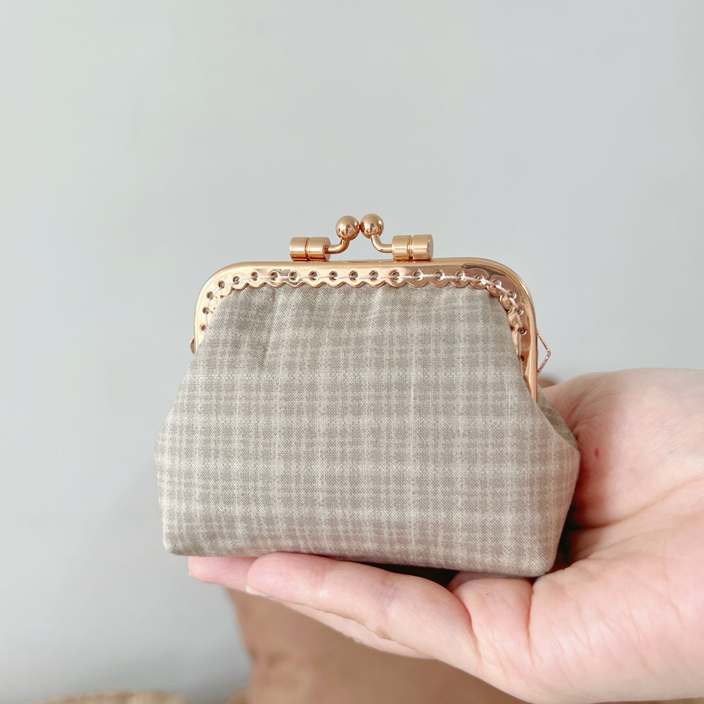 Beige Tartan - Handmade Fabric Kiss Lock Purse