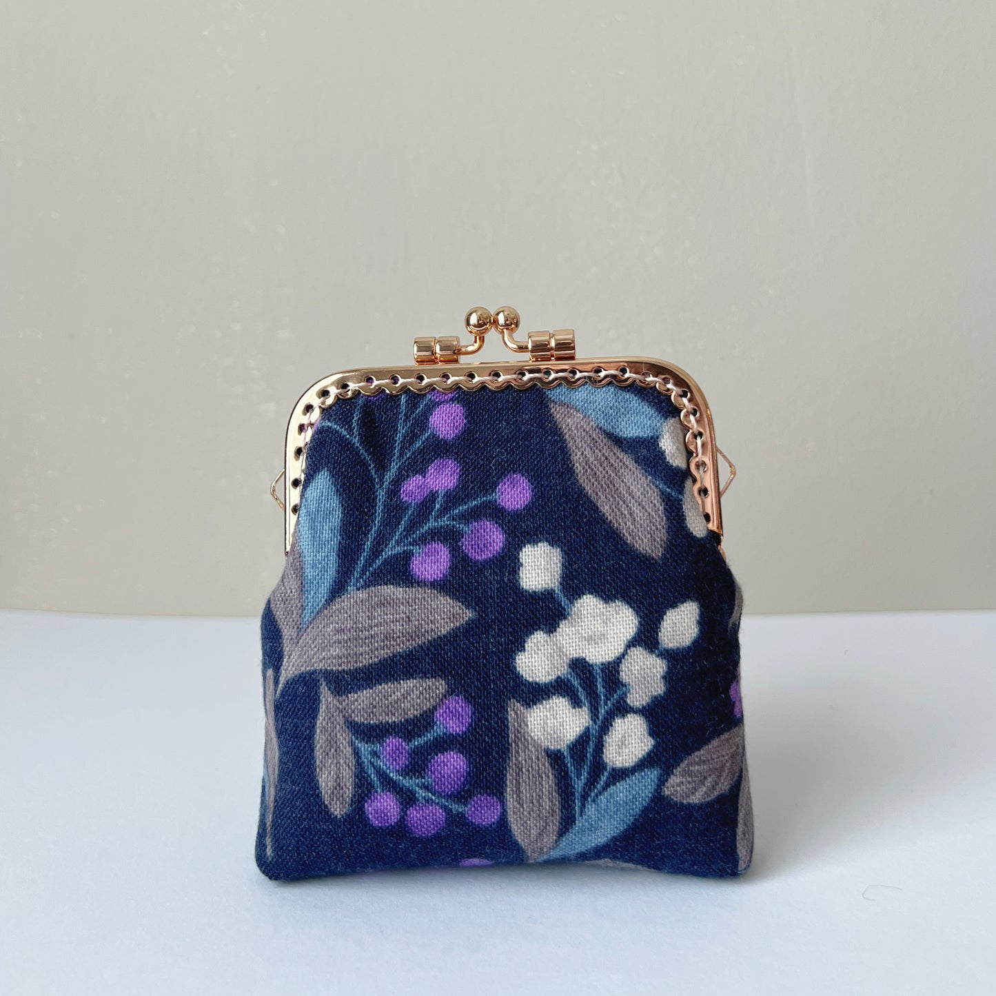 Handsewn Kiss Lock Card Purse - Dark Purple Cotton Linen Floral