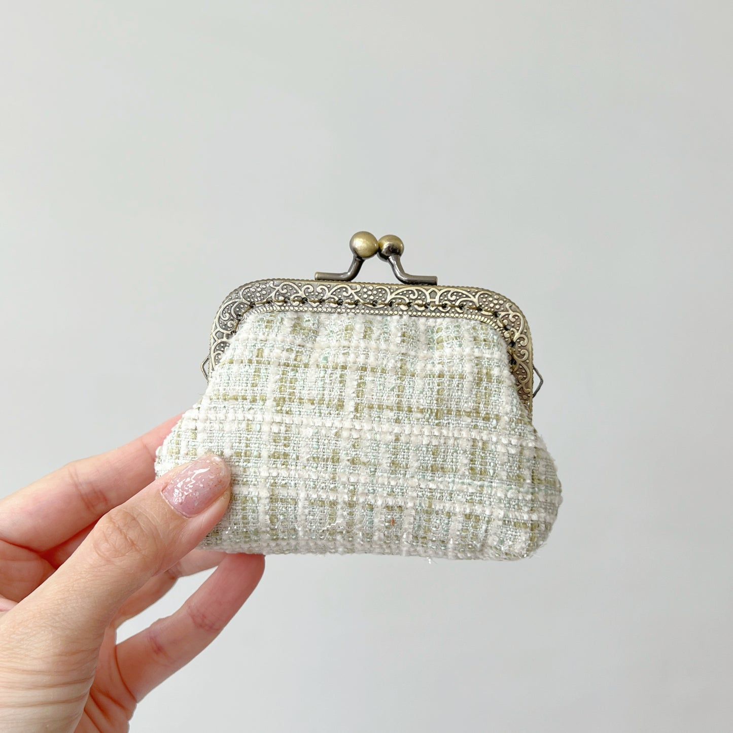 Green Bouclé Tweed - Handmade Fabric Kiss Lock Purse