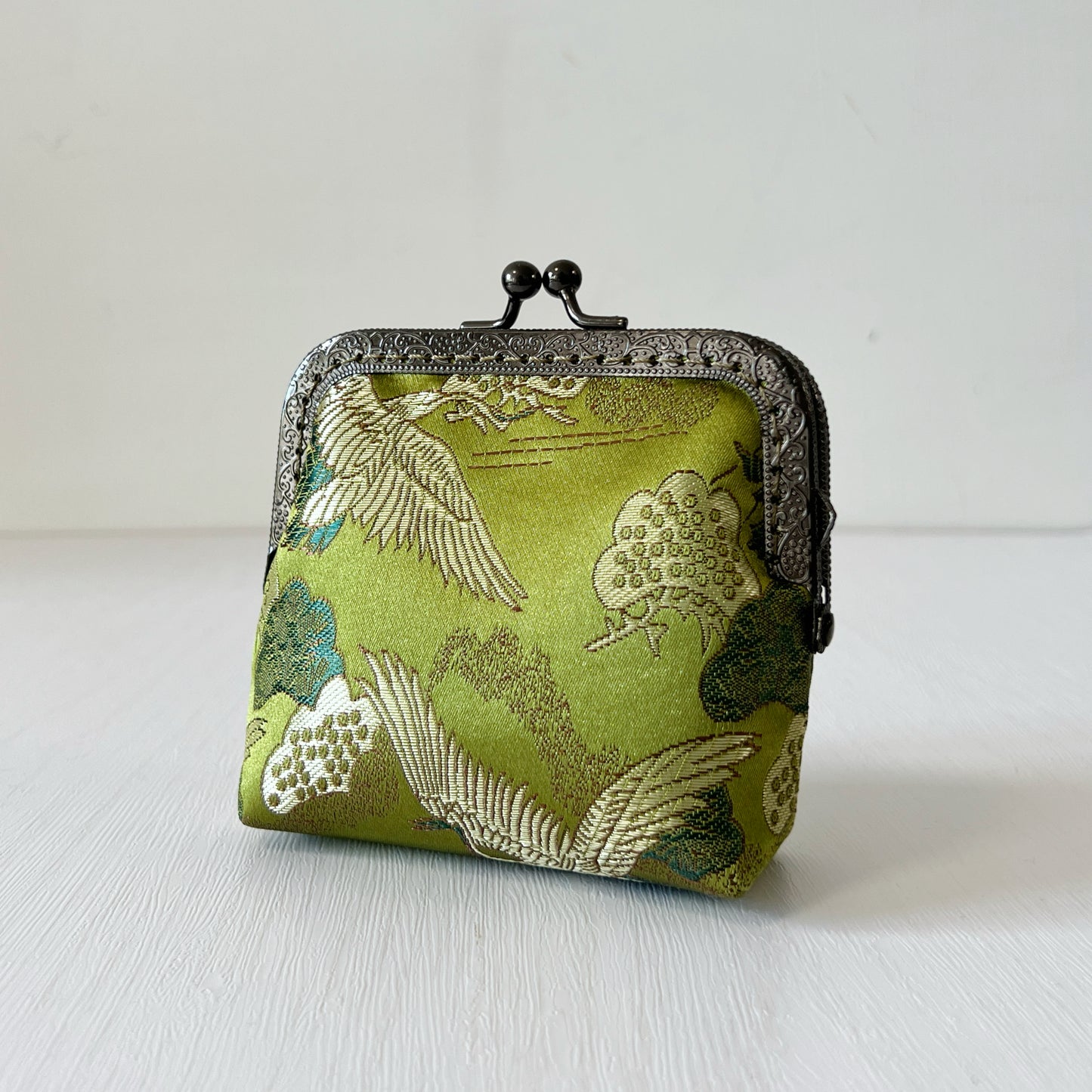 Olive Green Cranes - Handmade Kiss Lock Card Purse