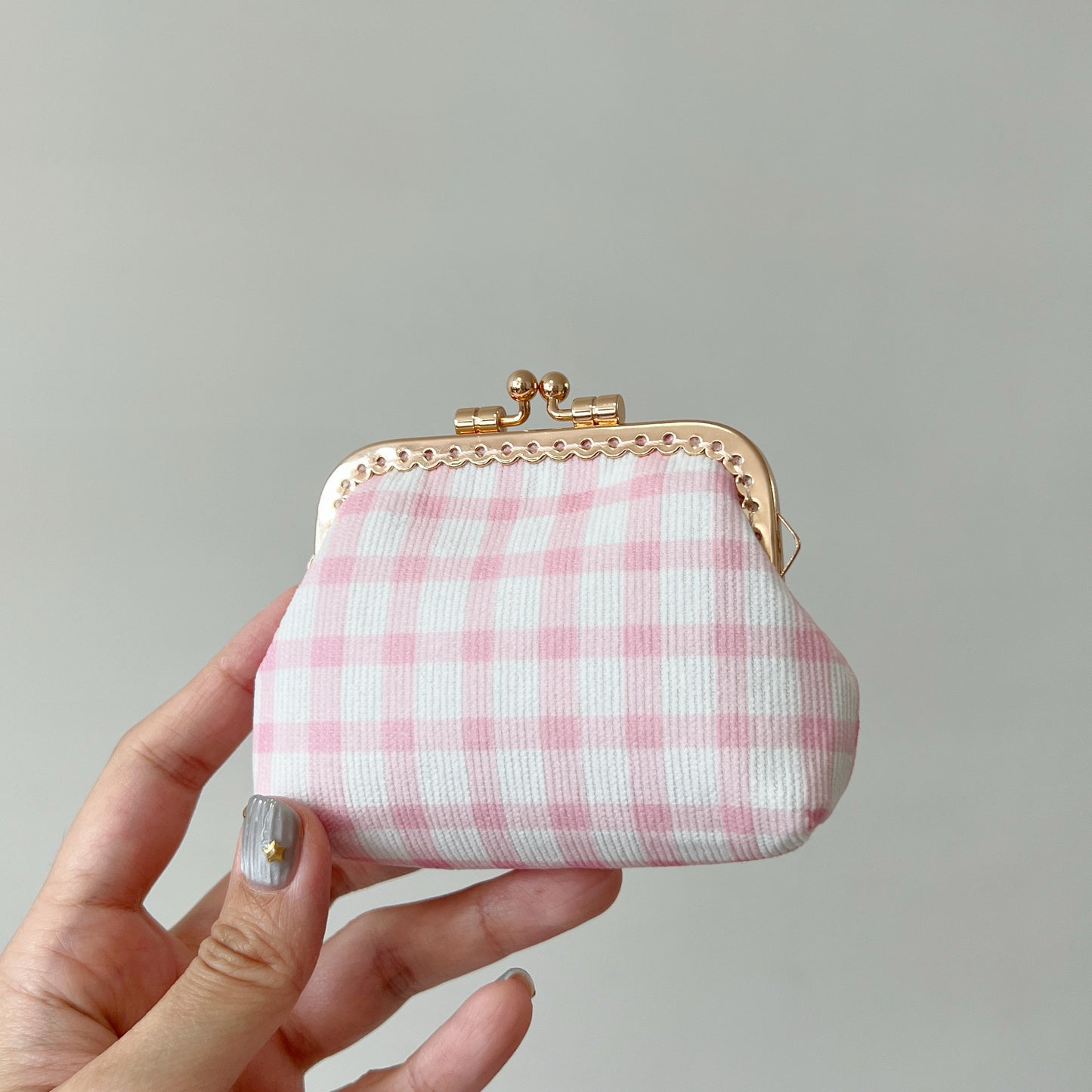 Baby Pink Tiles - Handmade Corduroy Fabric Kiss Lock Purse