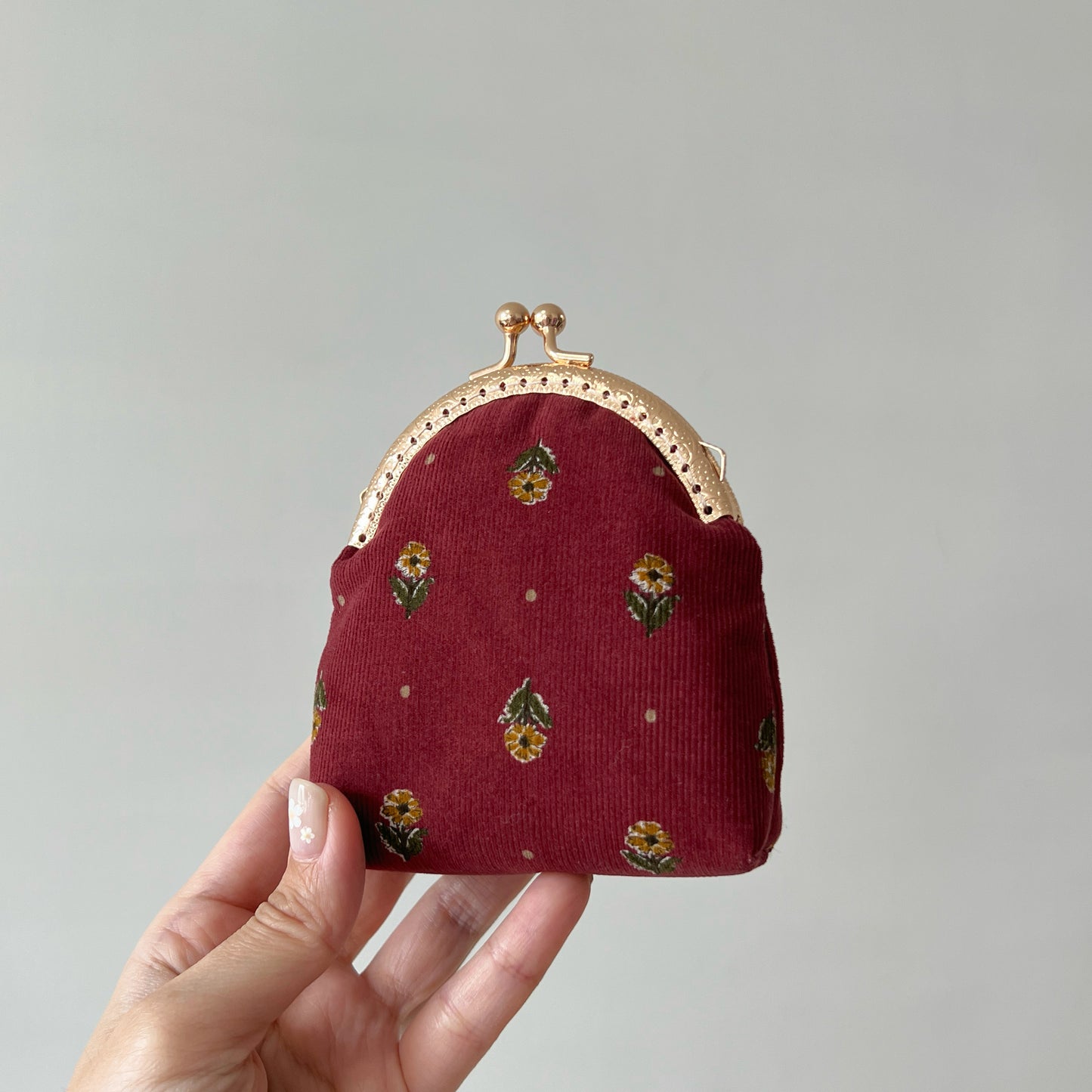 Red or Blue Floral Corduroy Half Round Kiss Lock Purse - Handmade Fabric Purse
