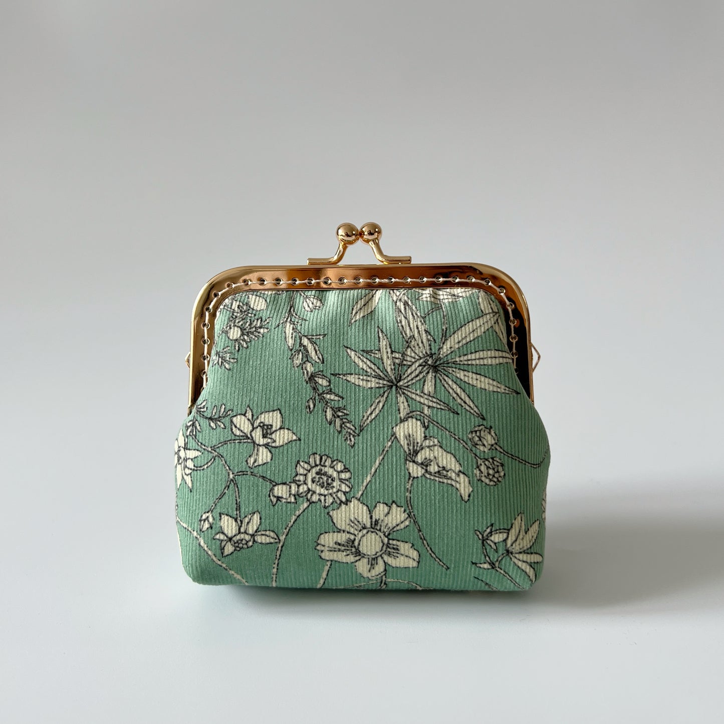 Mint Green Floral Corduroy - Handsewn Kiss Lock Fabric Card Purse