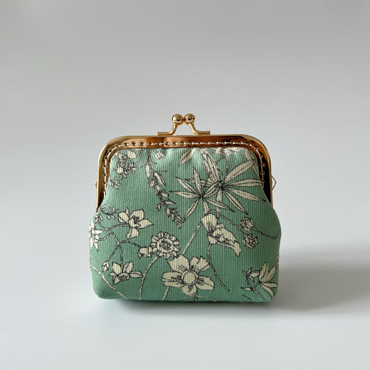 Mint Green Floral Corduroy - Handsewn Kiss Lock Fabric Card Purse
