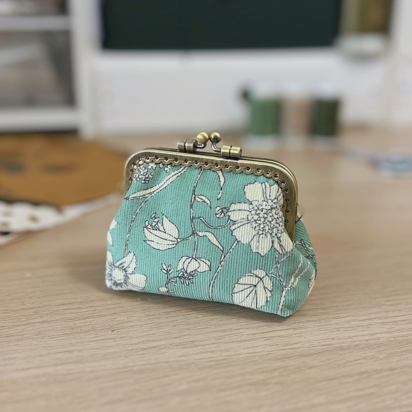 Mint Green Floral - Handmade Fabric Kiss Lock Purse