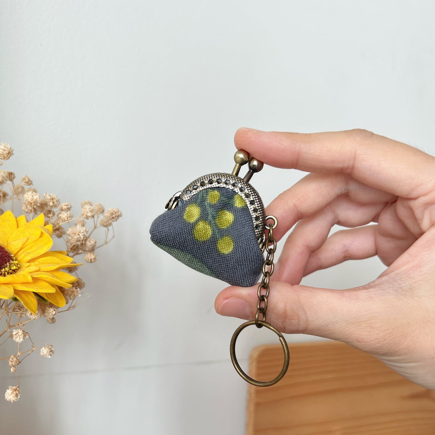 Gray Yellow Berries - Handsewn Mini Tiny Kiss Lock Purse Keychain