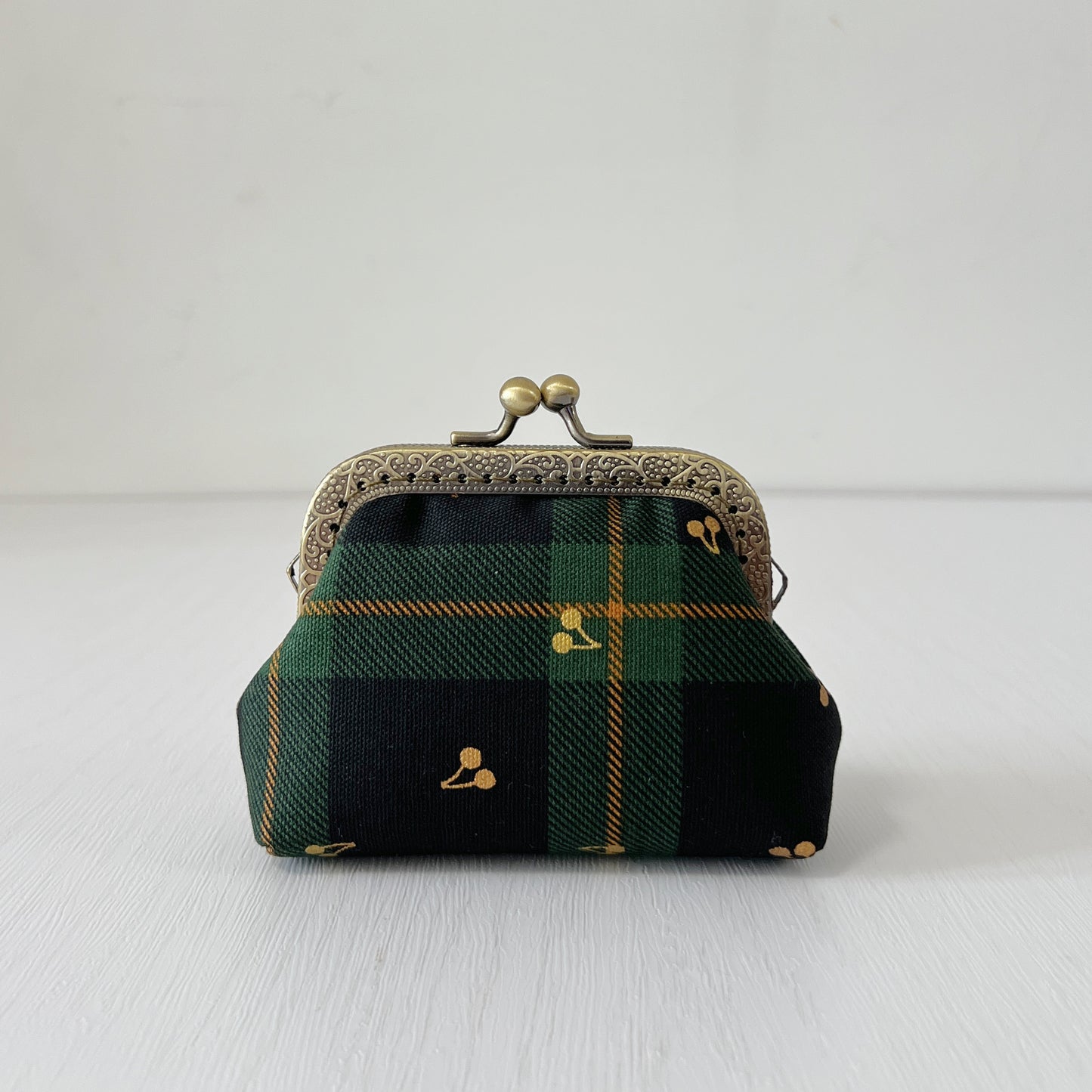 Green Tartan Gold Cherries - Handmade Fabric Kiss Lock Purse