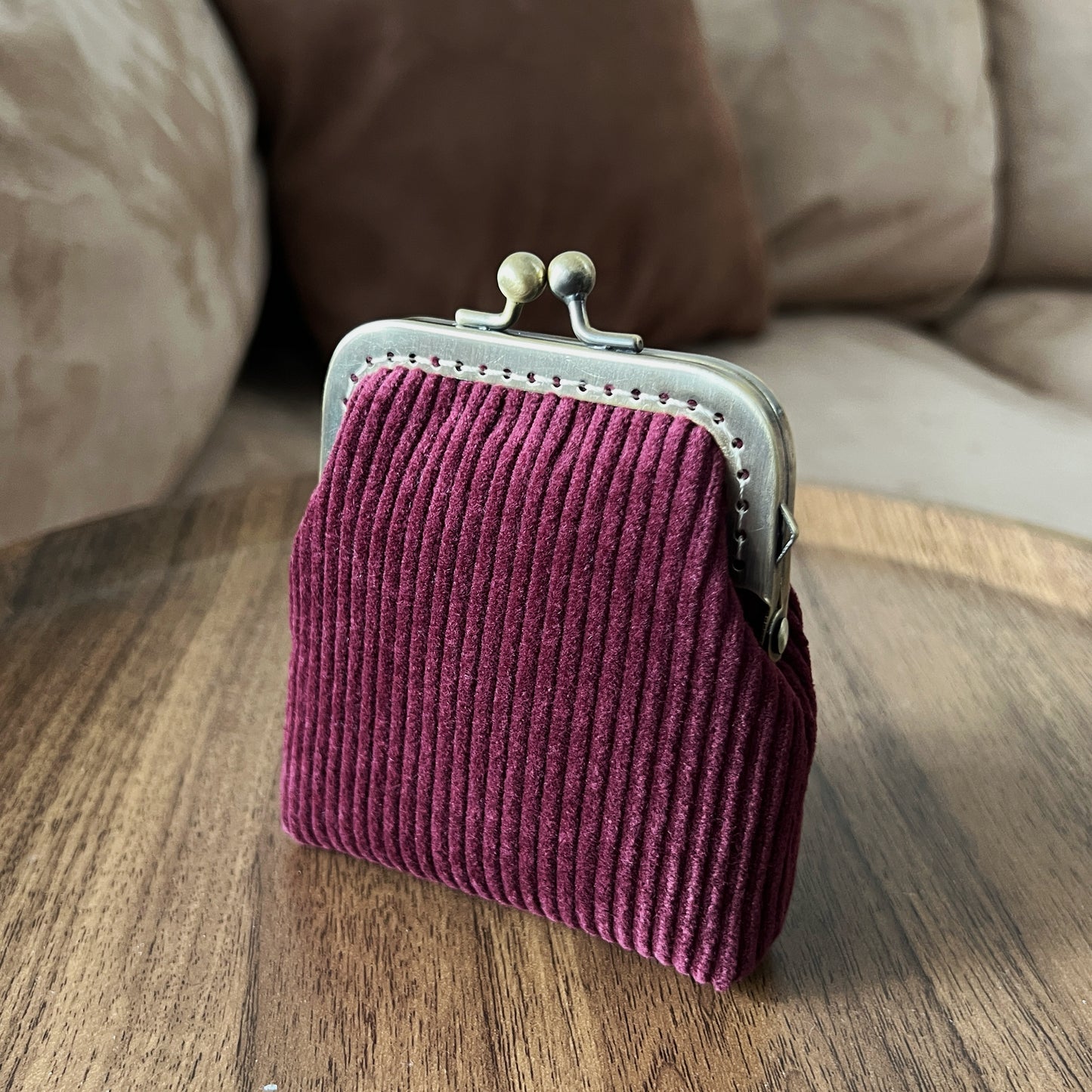 Wine Red Corduroy Card Purse - Handsewn Kiss Lock Purse