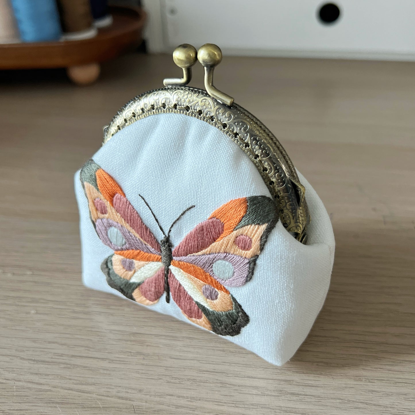 Handsewn Round Kiss Lock Coin Purse - Floral Butterfly Embroidery