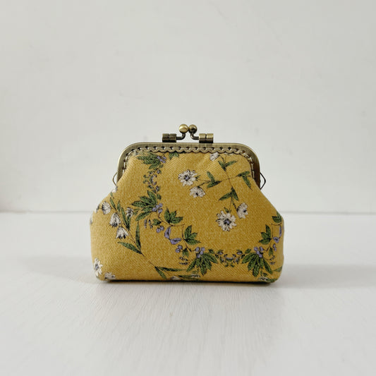Handmade Kiss Lock Purse - Custard Yellow Floral Brushed Cotton Twill