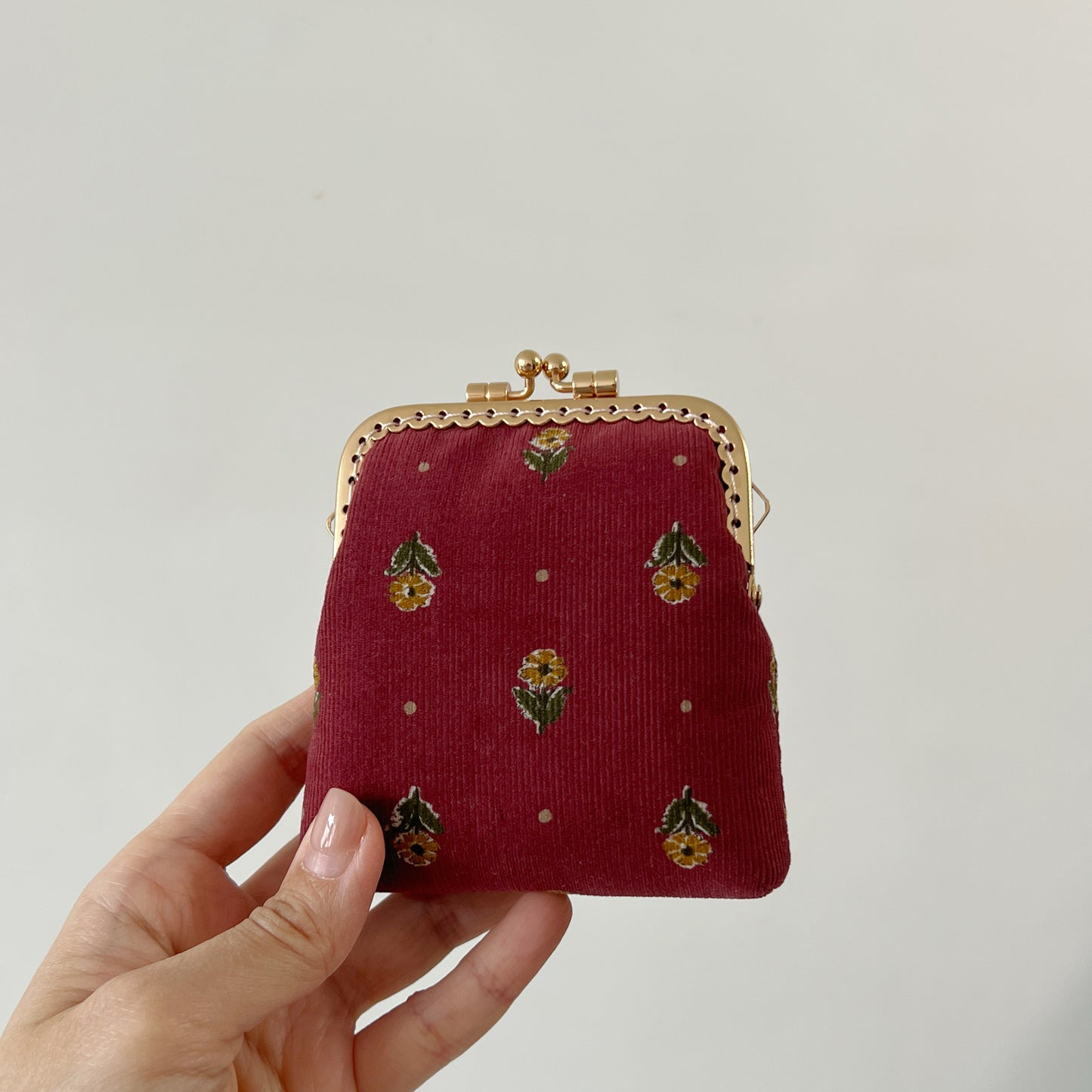 Wine Red Corduroy Florals Card Purse - Handsewn Kiss Lock Purse