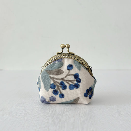 Handmade Round Kiss Lock Fabric Purse - Vintage Garden Blue Berries Linen
