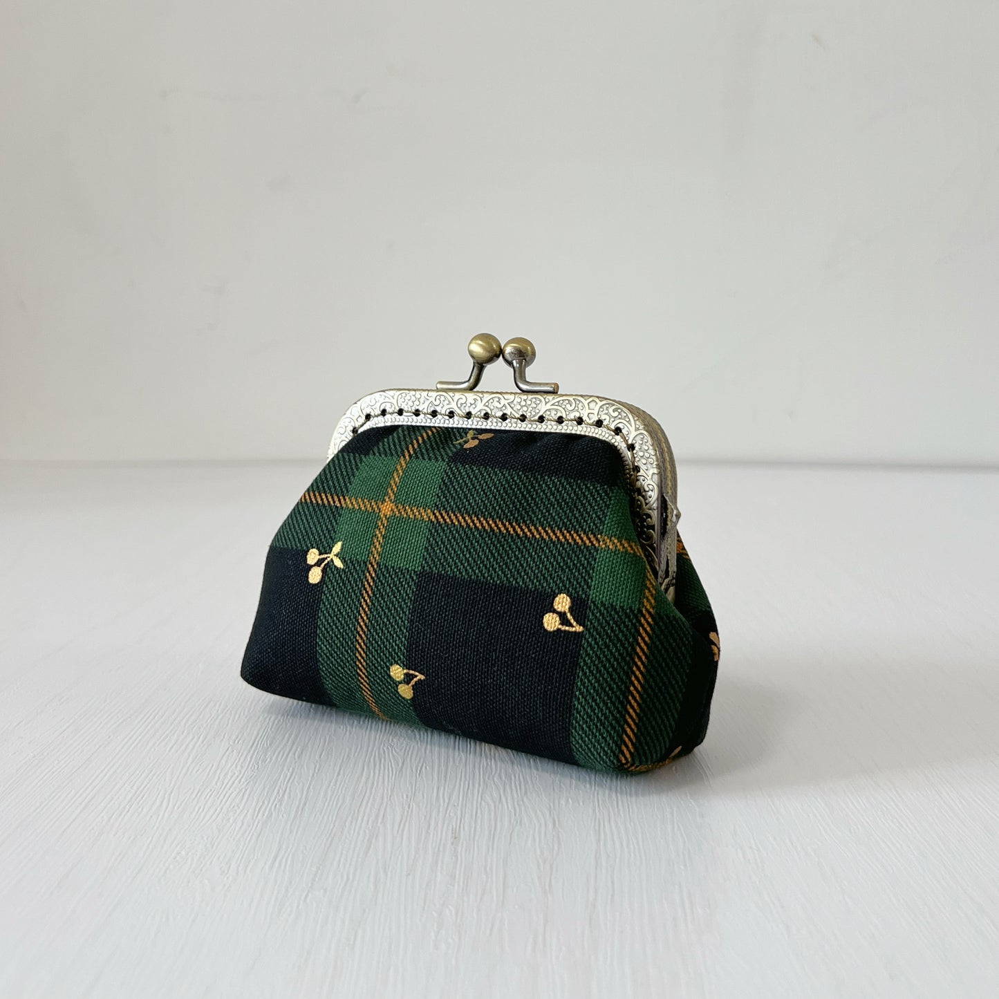 Green Tartan Gold Cherries - Handmade Fabric Kiss Lock Purse