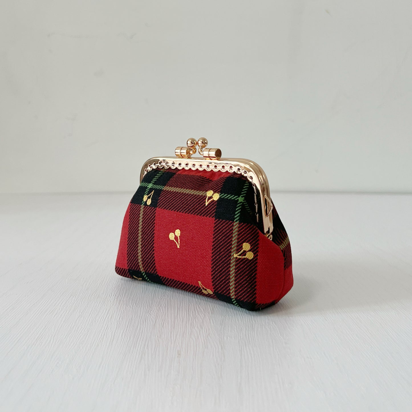 Red Tartan Gold Cherries  - Handmade Kiss Lock Purse