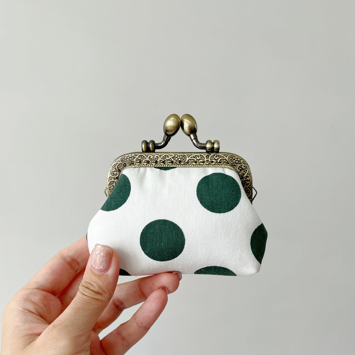 Green Big Polka Dots - Handmade Kiss Lock Coin Purse