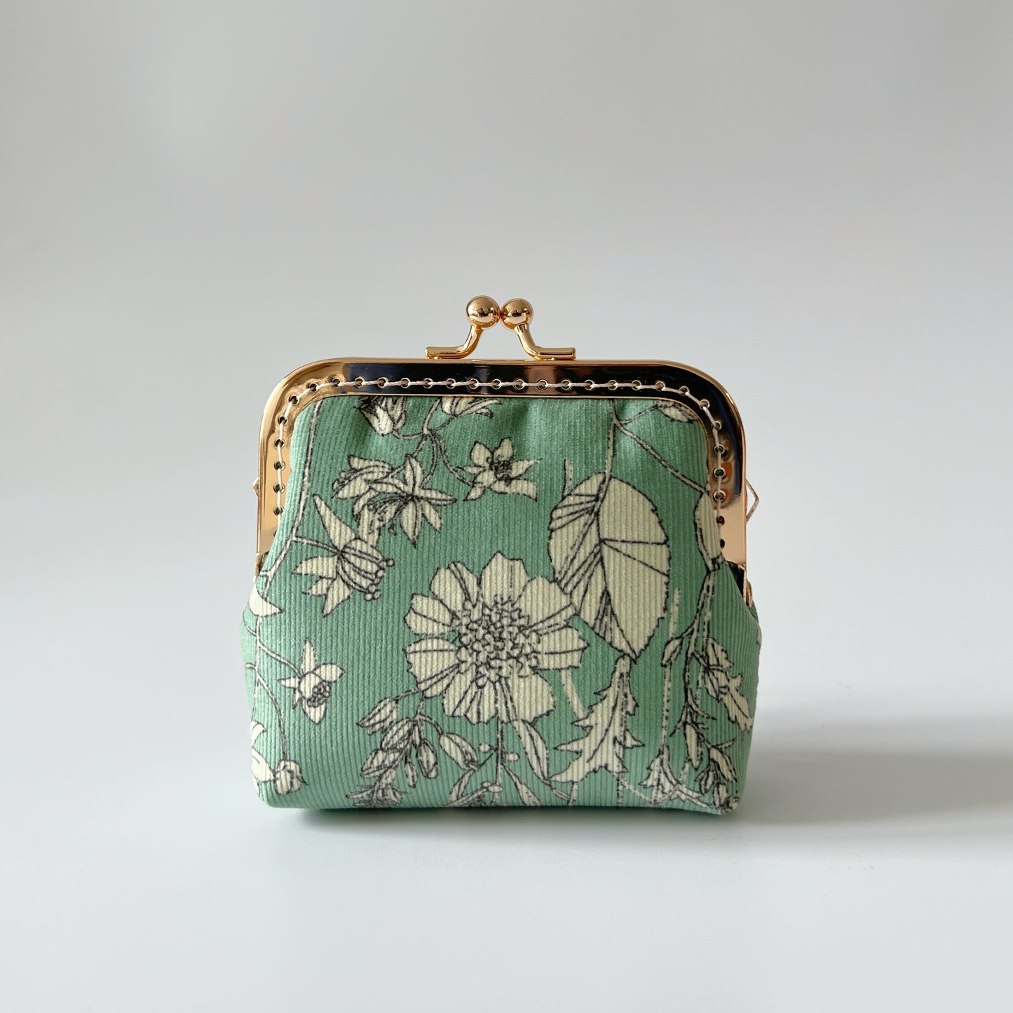 Mint Green Floral Corduroy - Handsewn Kiss Lock Fabric Card Purse