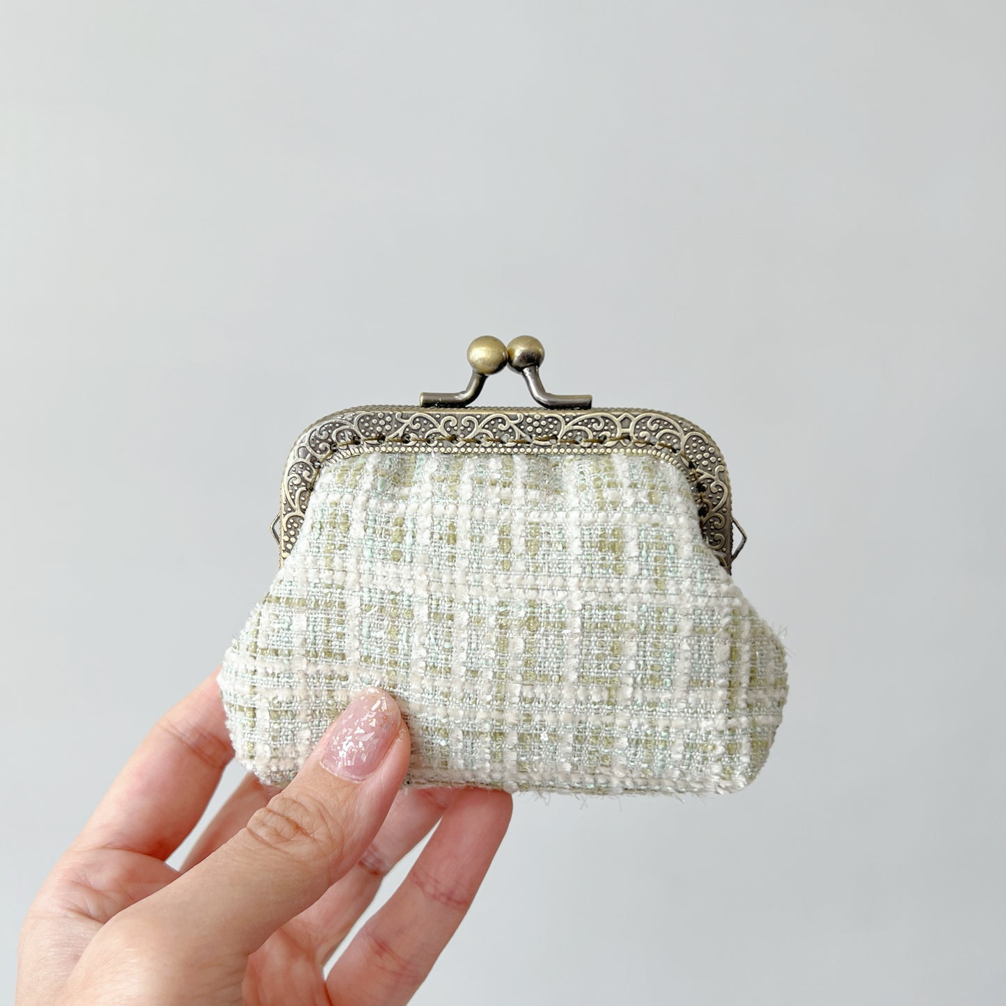 Green Bouclé Tweed - Handmade Fabric Kiss Lock Purse