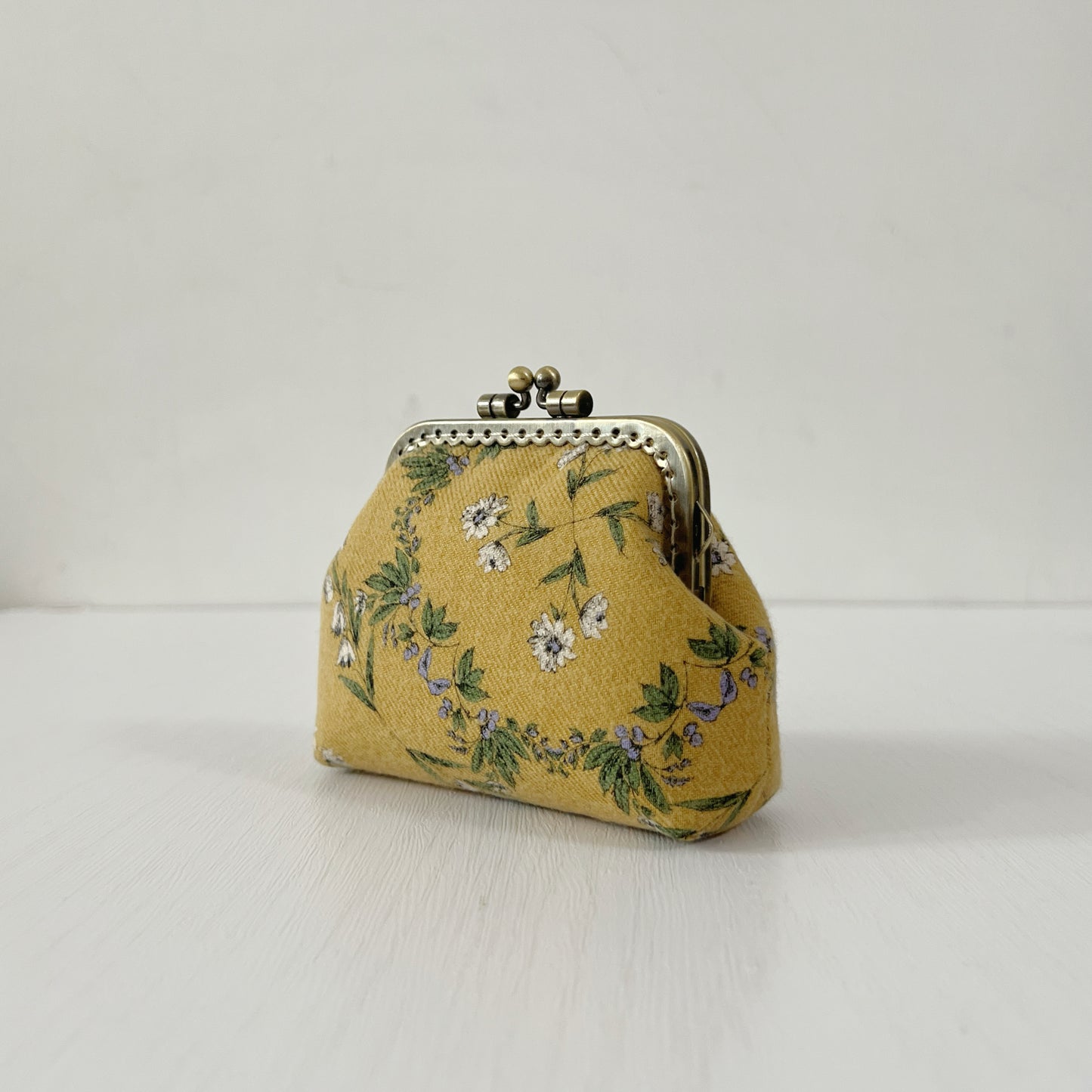 PRE-ORDER Handmade Kiss Lock Purse - Custard Yellow Floral Brushed Cotton Twill
