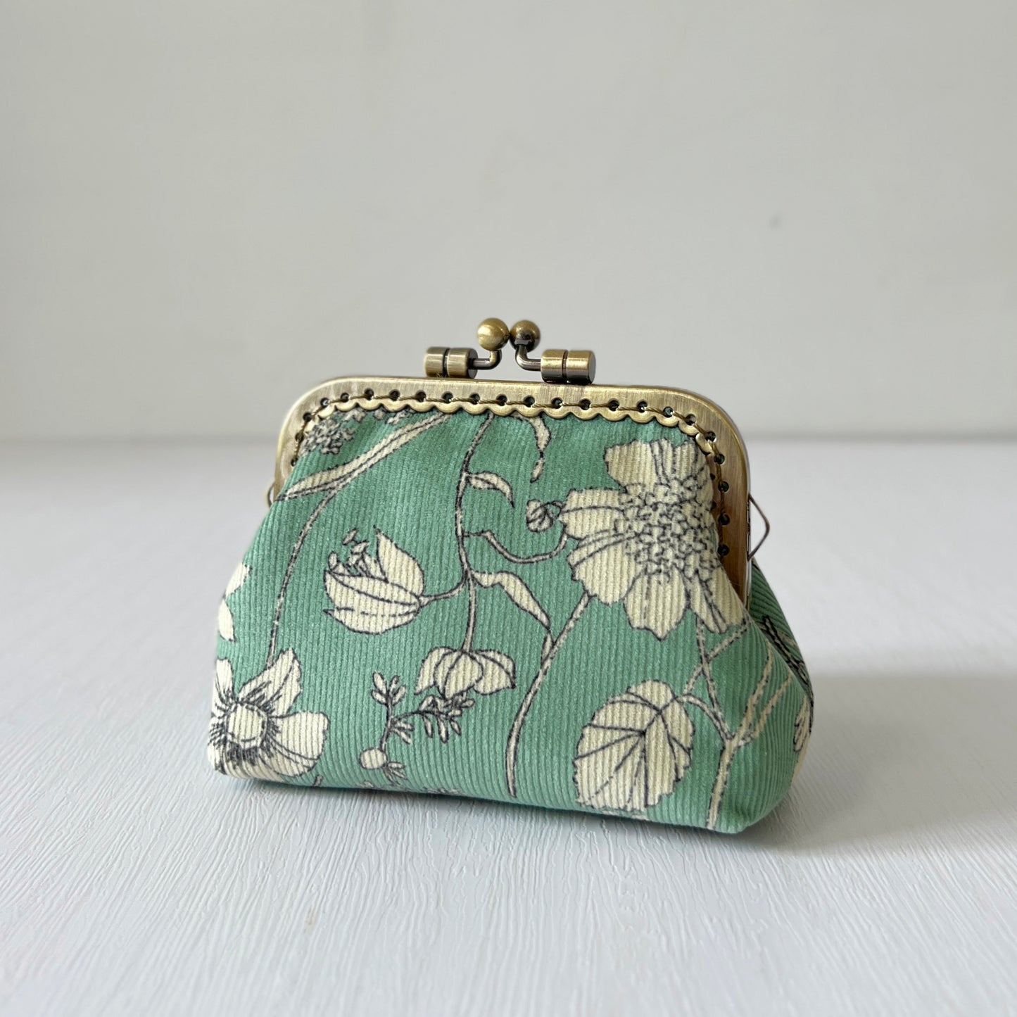 Mint Green Floral - Handmade Fabric Kiss Lock Purse