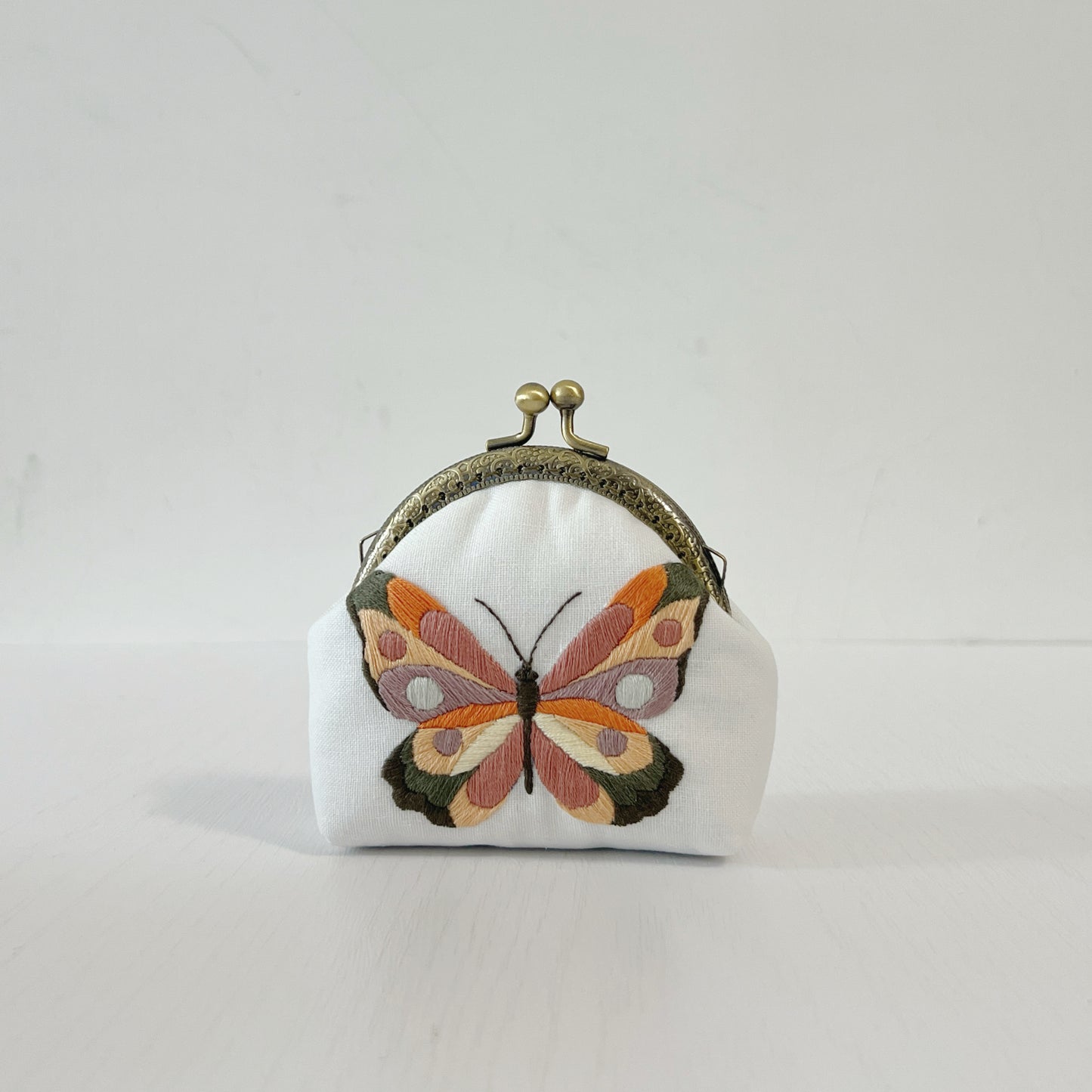 Handsewn Round Kiss Lock Coin Purse - Floral Butterfly Embroidery
