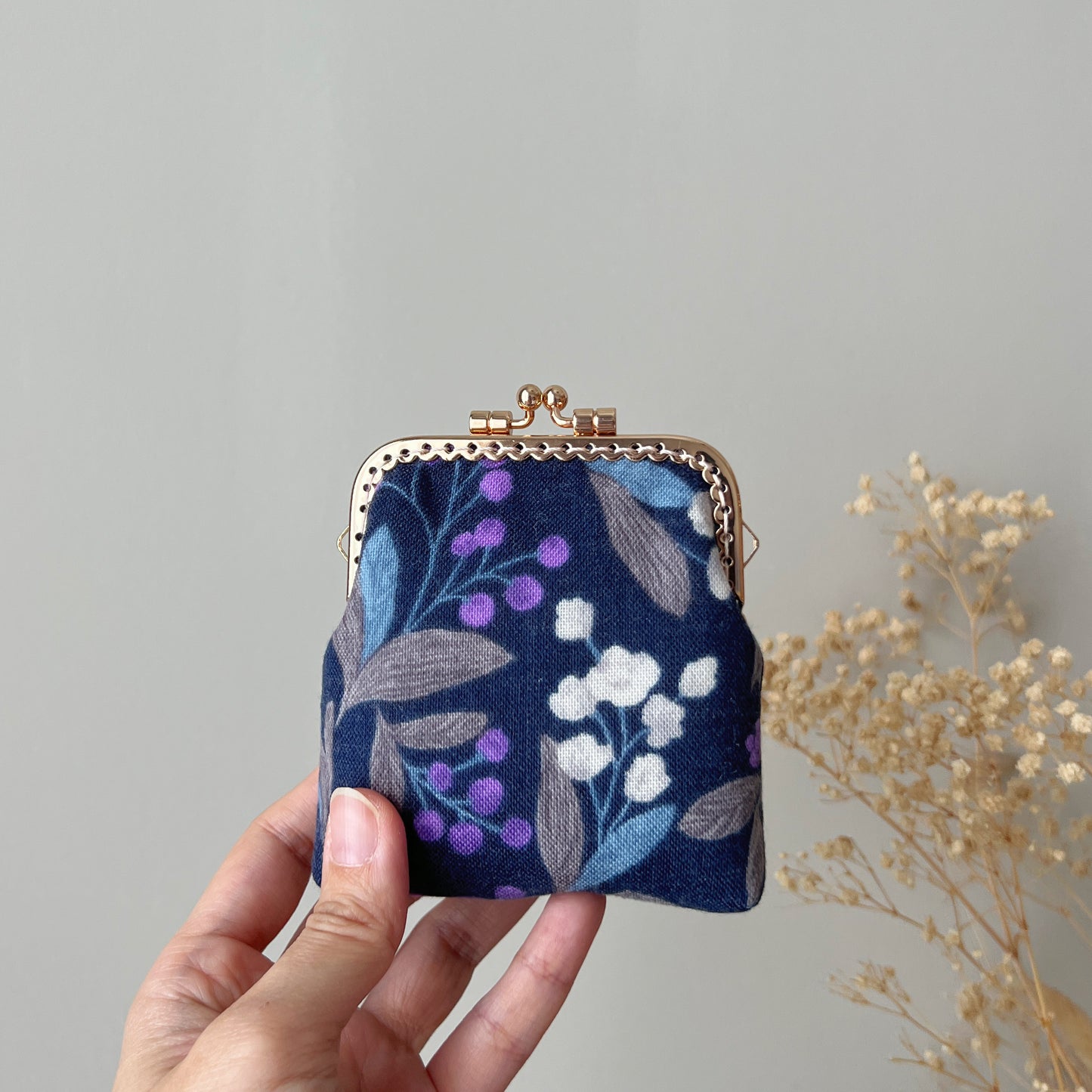 Handsewn Kiss Lock Card Purse - Dark Purple Cotton Linen Floral