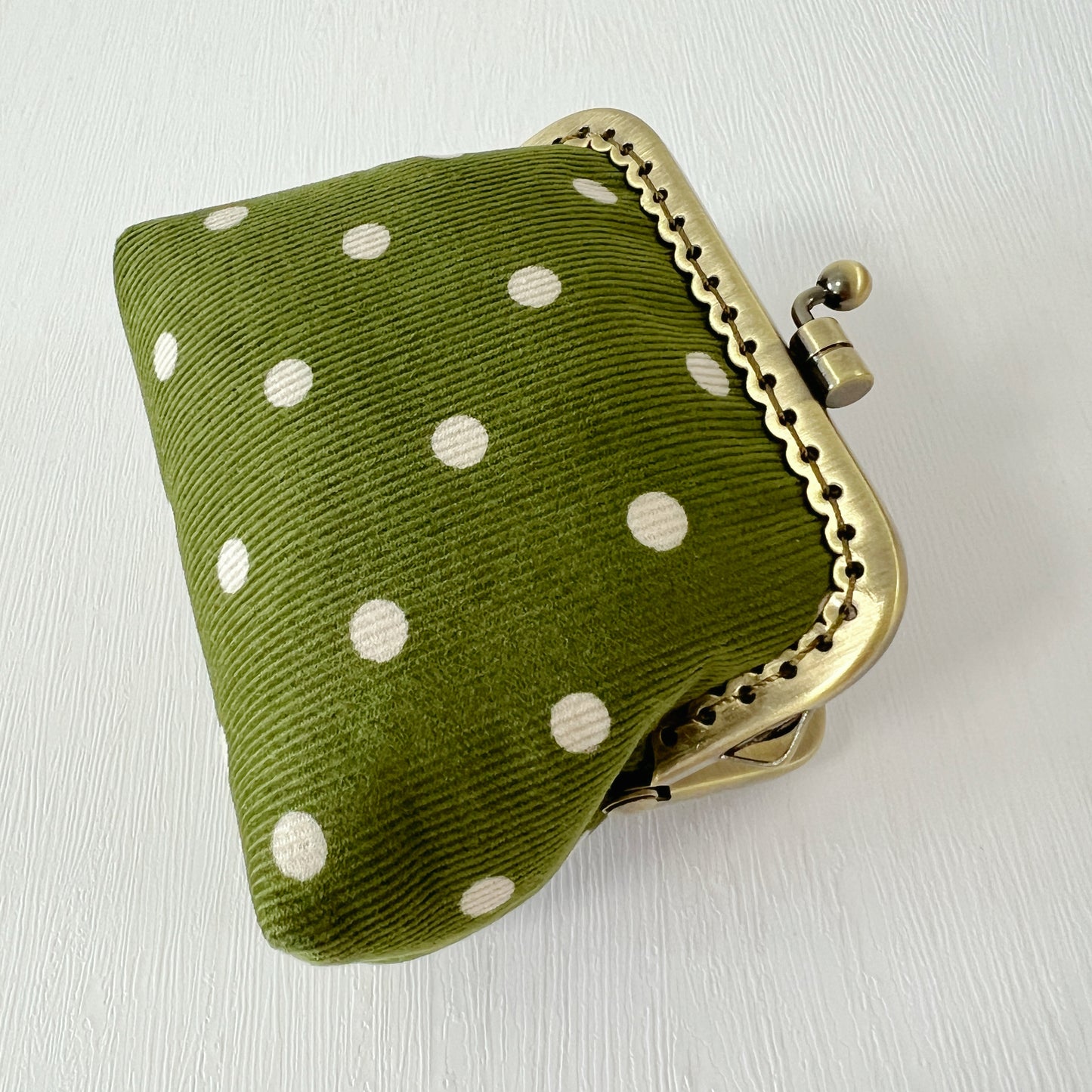 Green Polka Dots Corduroy Fabric Purse - Handsewn Kiss Lock Purse