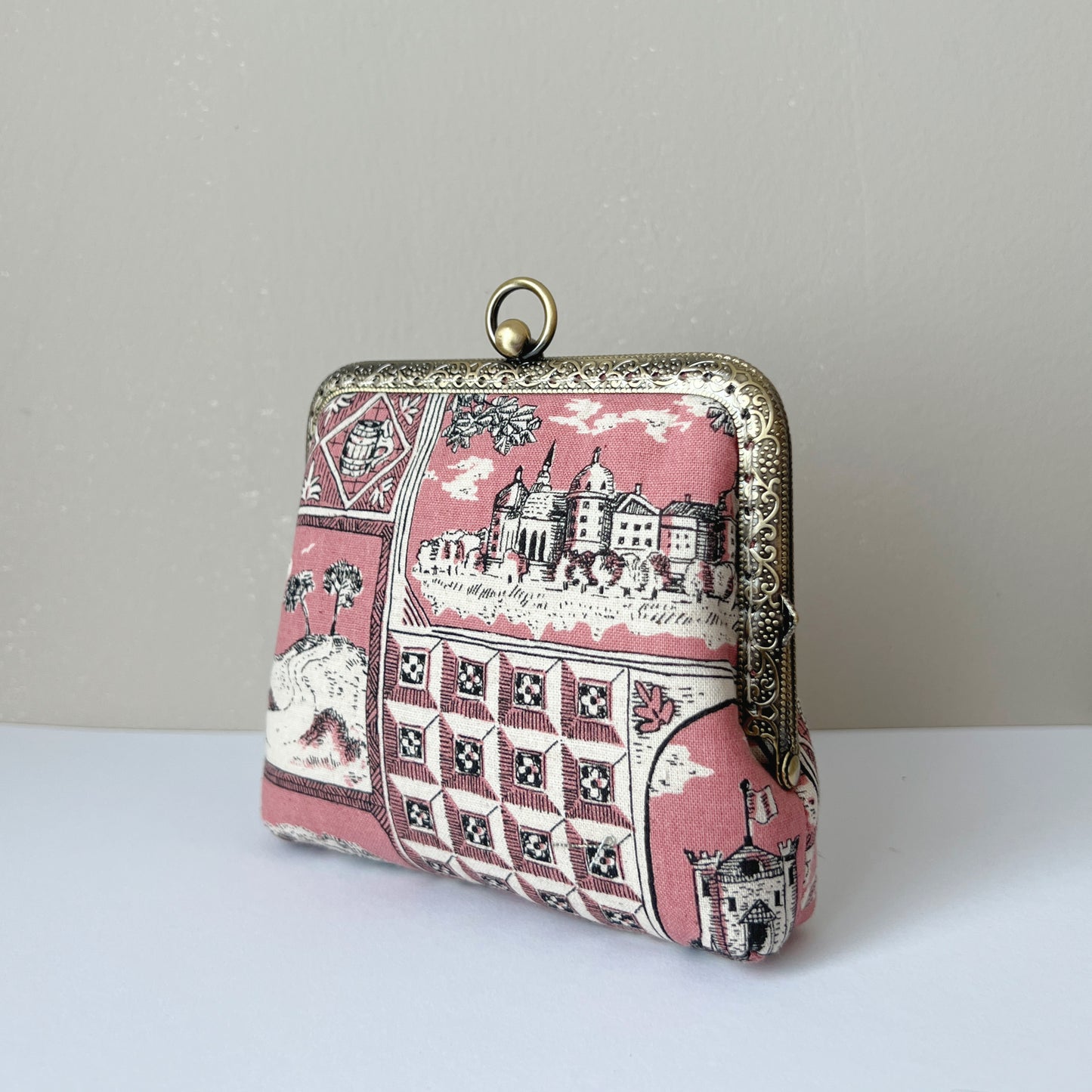 Handsewn Vintage Style Kiss Lock Frame Clutch Wallet - Old Pink Castle