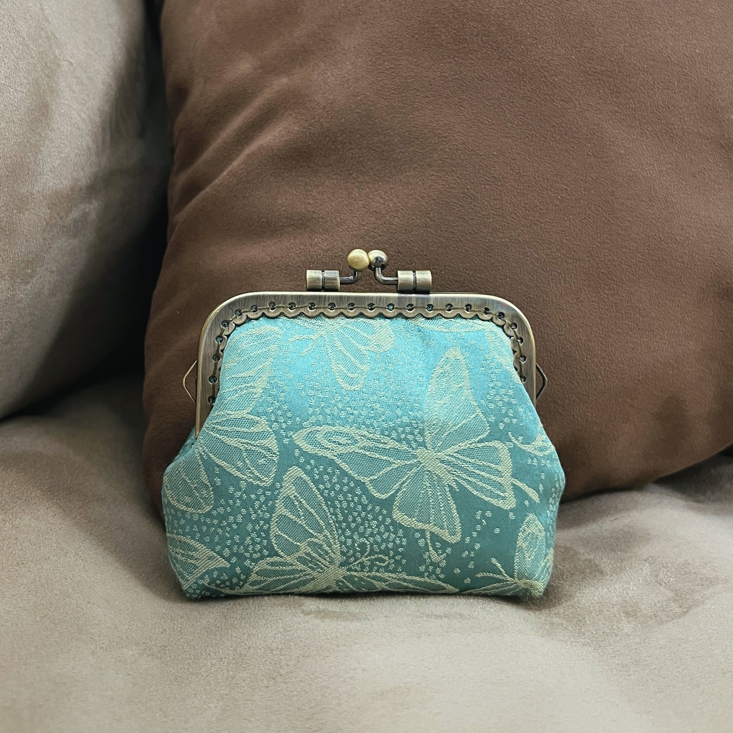 Green Butterflies - Handmade Fabric Kiss Lock Coin Purse