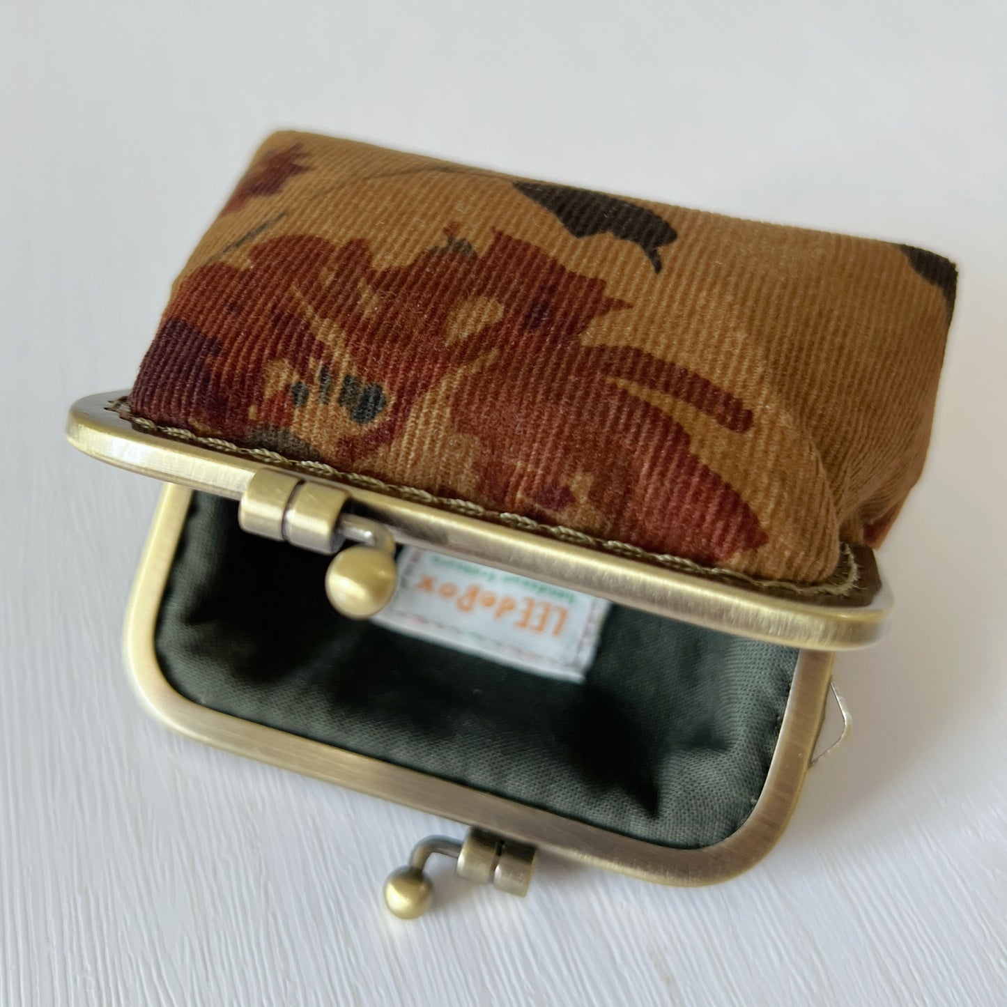 Brown Oriental Floral - Handmade Corduroy Fabric Kiss Lock Purse
