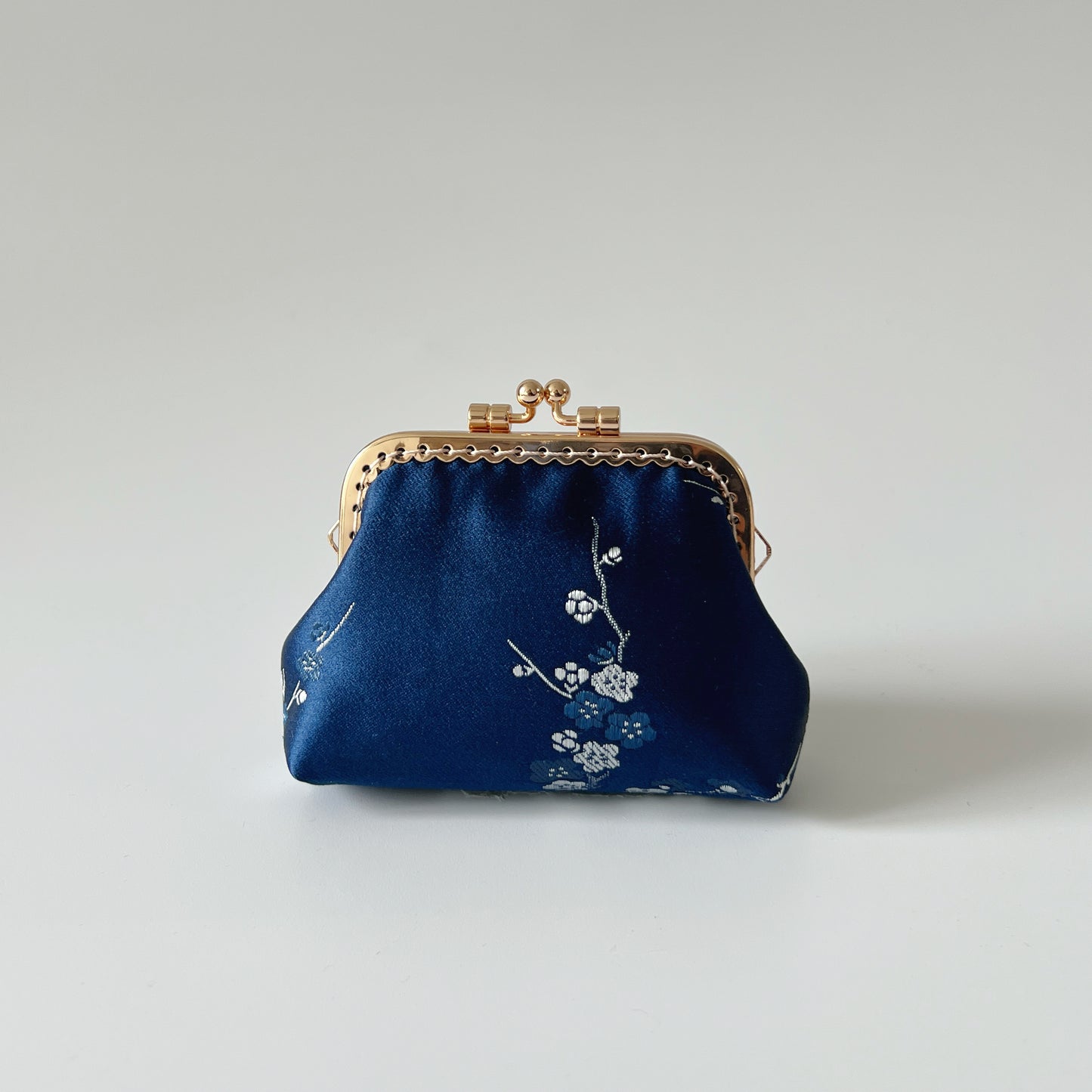 Blue Cherry Blossoms Satin - Handmade Fabric Kiss Lock Coin Purse