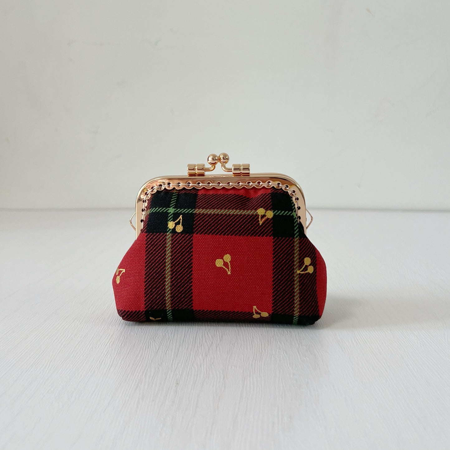 Red Tartan Gold Cherries  - Handmade Kiss Lock Purse