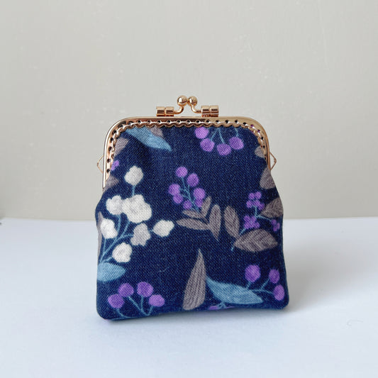 Handsewn Kiss Lock Card Purse - Dark Purple Cotton Linen Floral