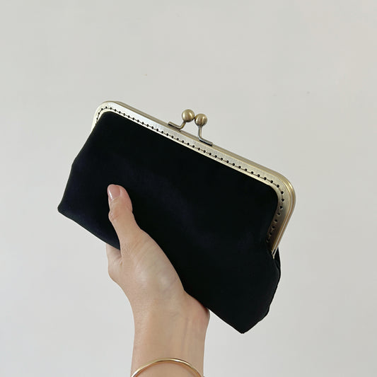Handsewn Black Velvet Evening Bag - Vintage Black Kiss Lock Clutch