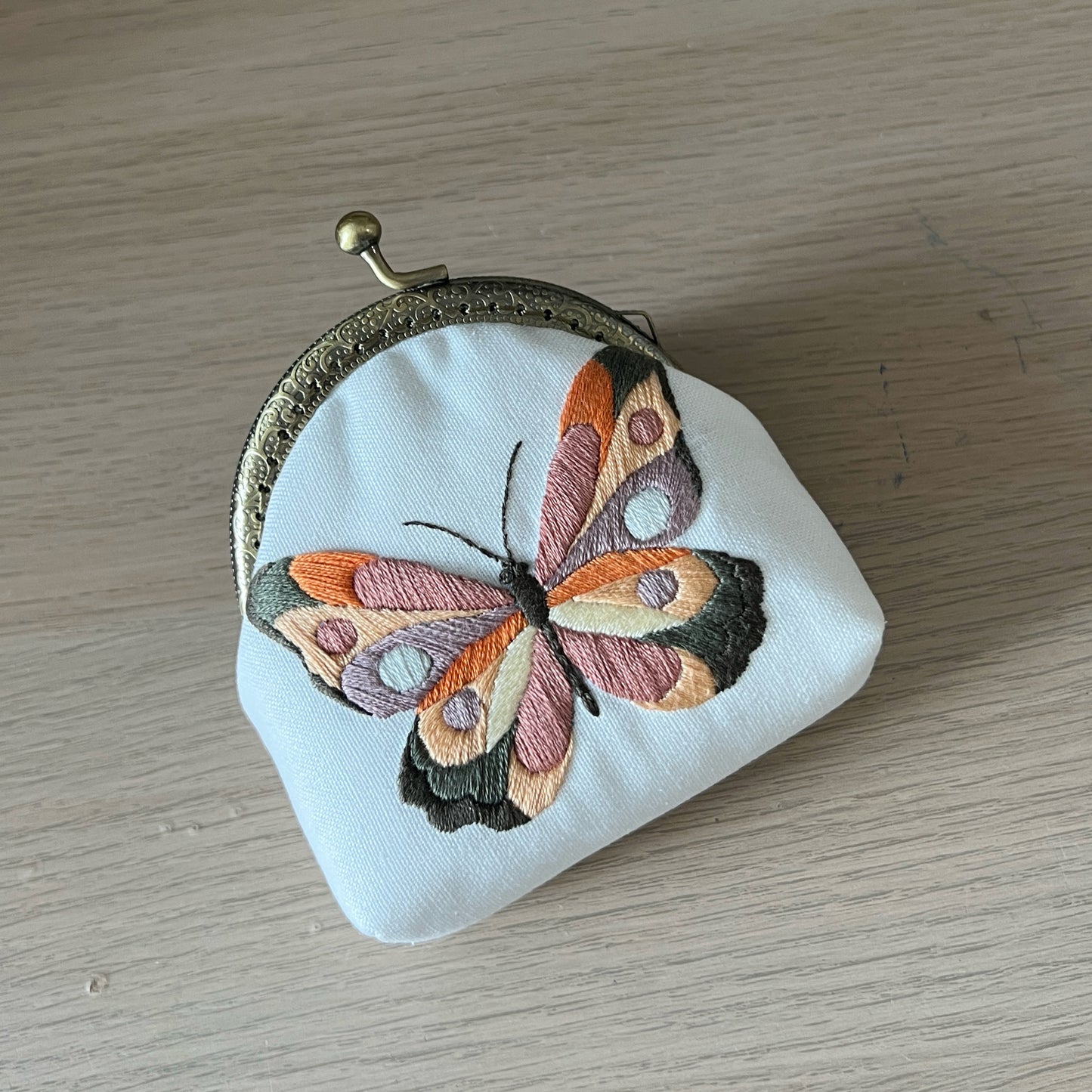Handsewn Round Kiss Lock Coin Purse - Floral Butterfly Embroidery