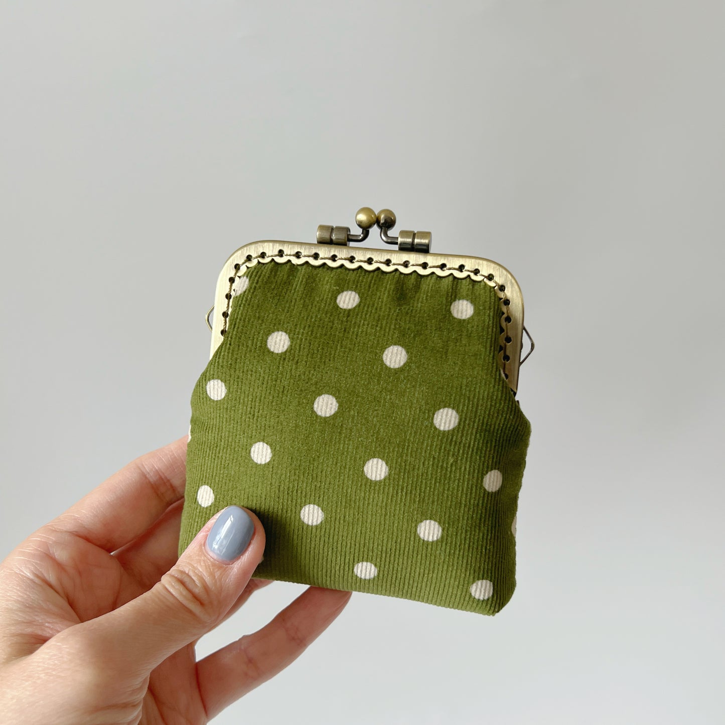 Olive Green Corduroy Polka Dots Card Purse - Handsewn Kiss Lock Fabric Purse