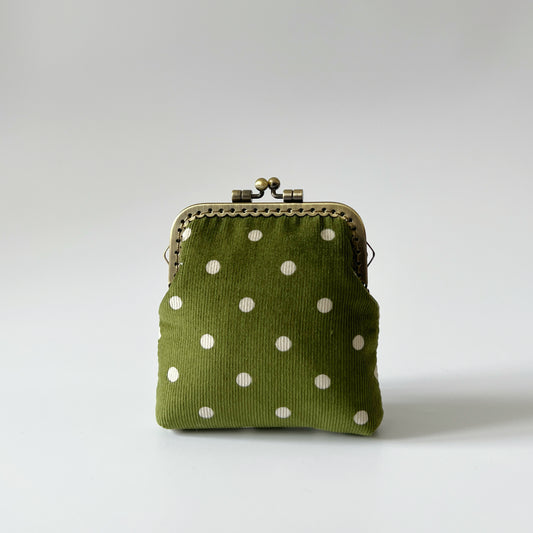 Olive Green Corduroy Polka Dots Card Purse - Handsewn Kiss Lock Fabric Purse
