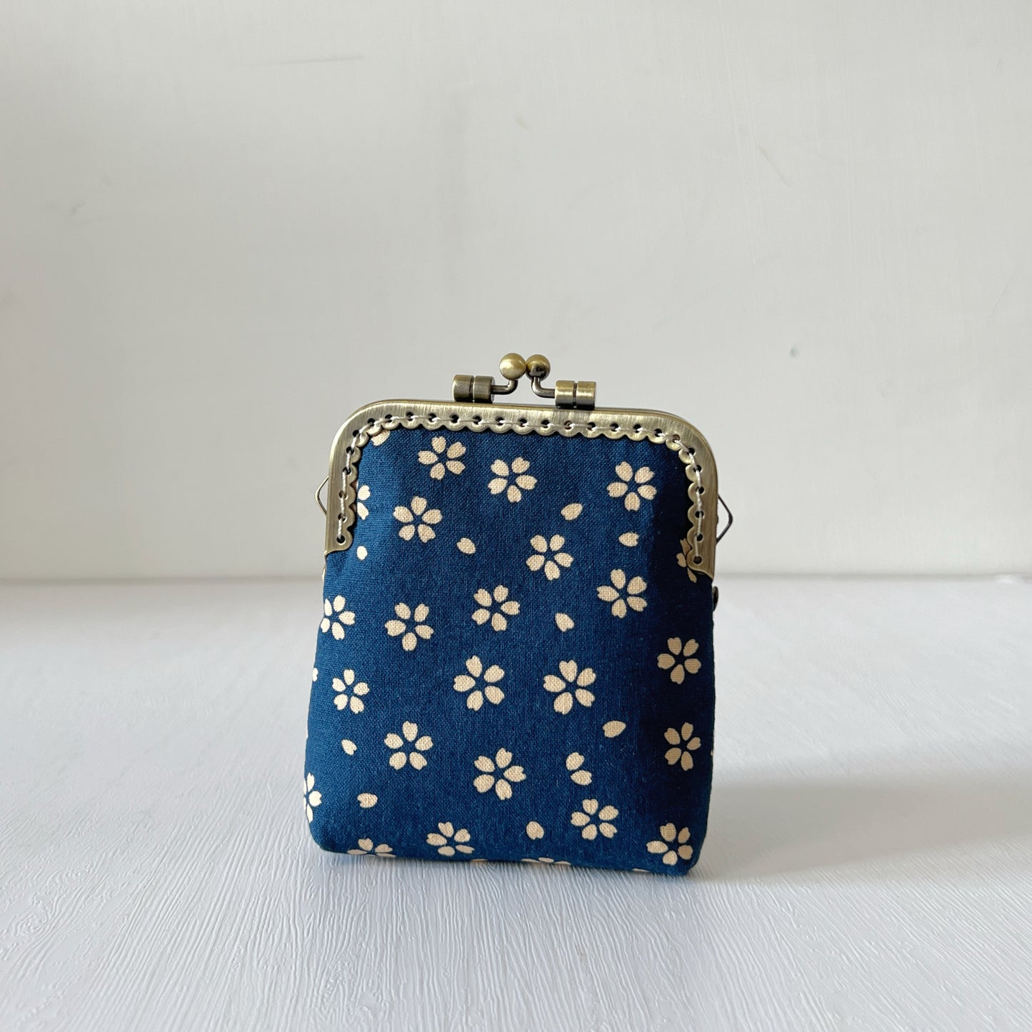 Blue Cherry Blossom - Handsewn Kiss Lock Fabric Card Purse - Cotton