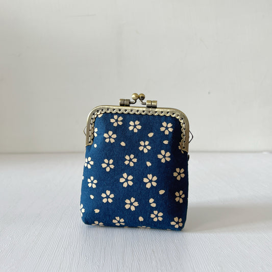 Blue Cherry Blossom - Handsewn Kiss Lock Fabric Card Purse - Cotton