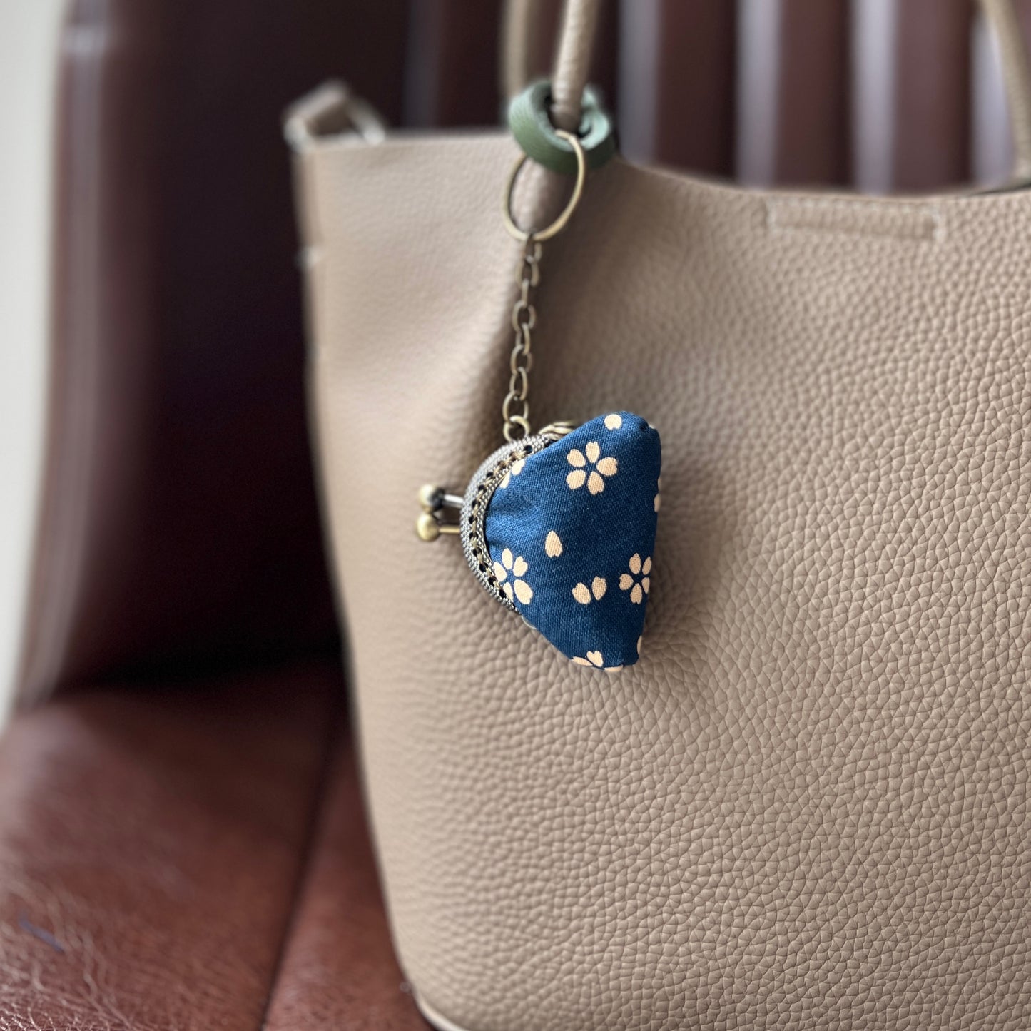 Blue Cherry Blossom - Handmade Mini Tiny Fabric Kiss Lock Purse Keychain
