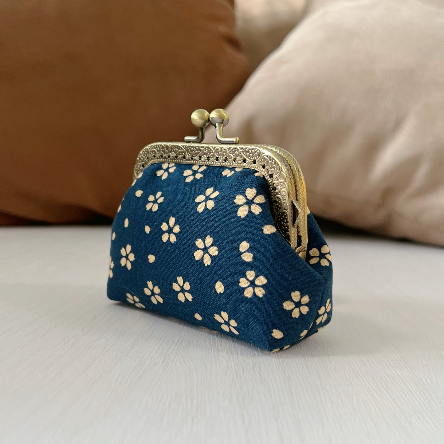 Blue Cherry Blossoms - Handmade Fabric Kiss Lock Purse
