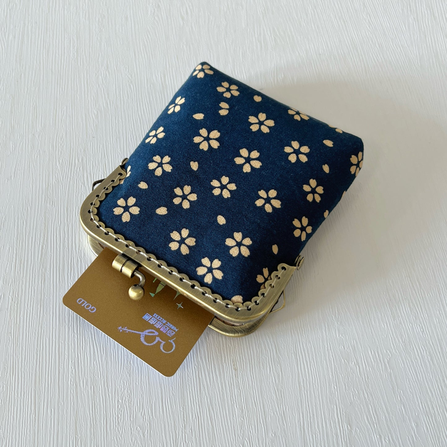 Blue Cherry Blossom - Handsewn Kiss Lock Fabric Card Purse - Cotton
