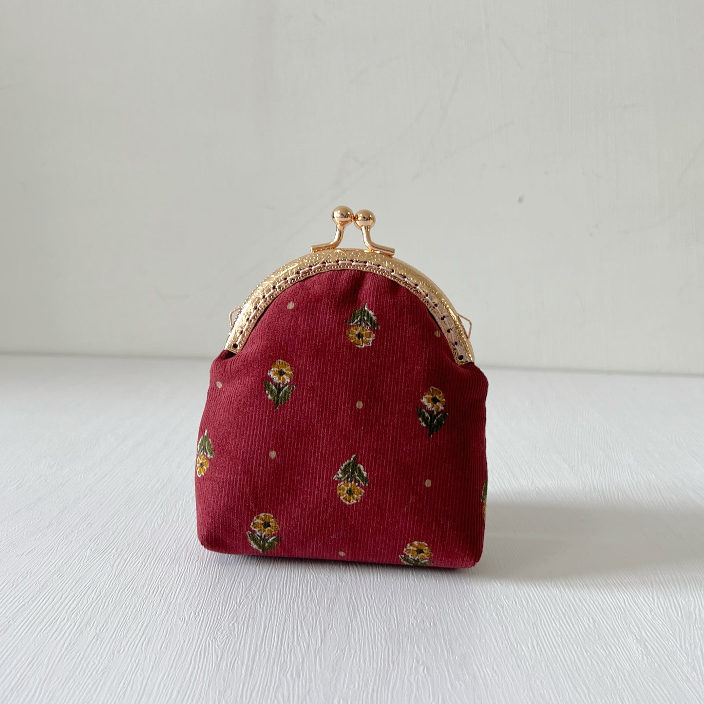 Red or Blue Floral Corduroy Half Round Kiss Lock Purse - Handmade Fabric Purse
