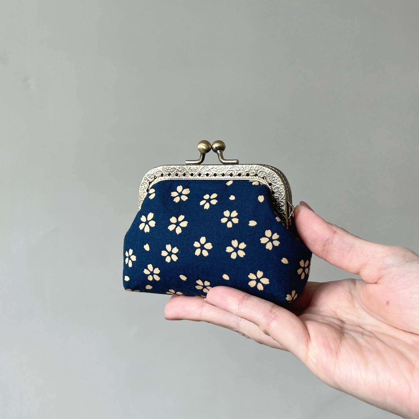Blue Cherry Blossoms - Handmade Fabric Kiss Lock Purse