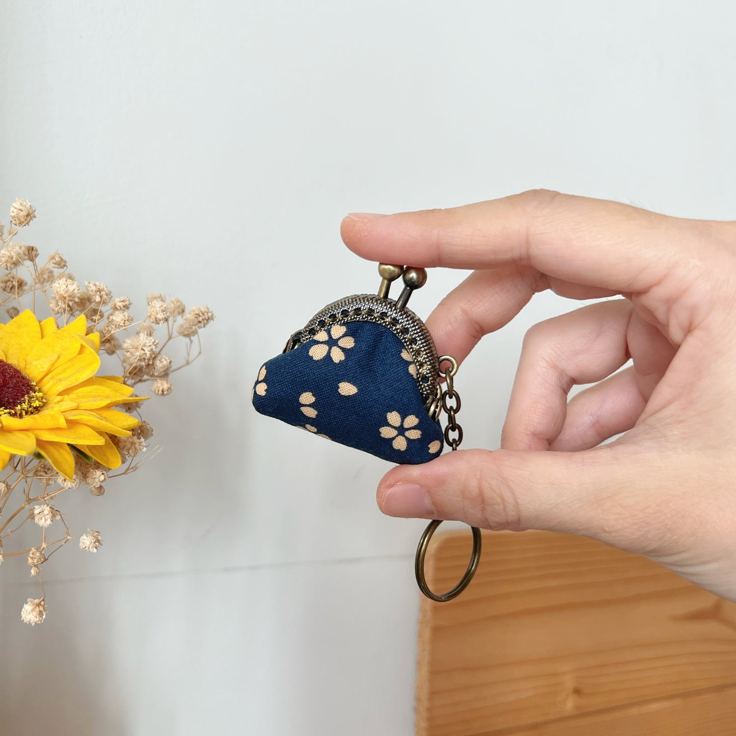 Blue Cherry Blossom - Handmade Mini Tiny Fabric Kiss Lock Purse Keychain