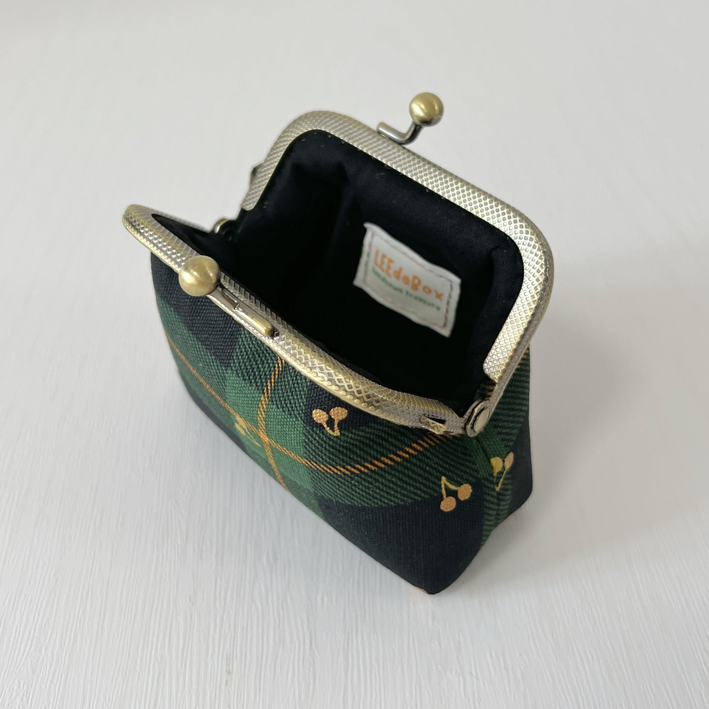 Green Tartan Gold Cherries - Handmade Fabric Kiss Lock Purse